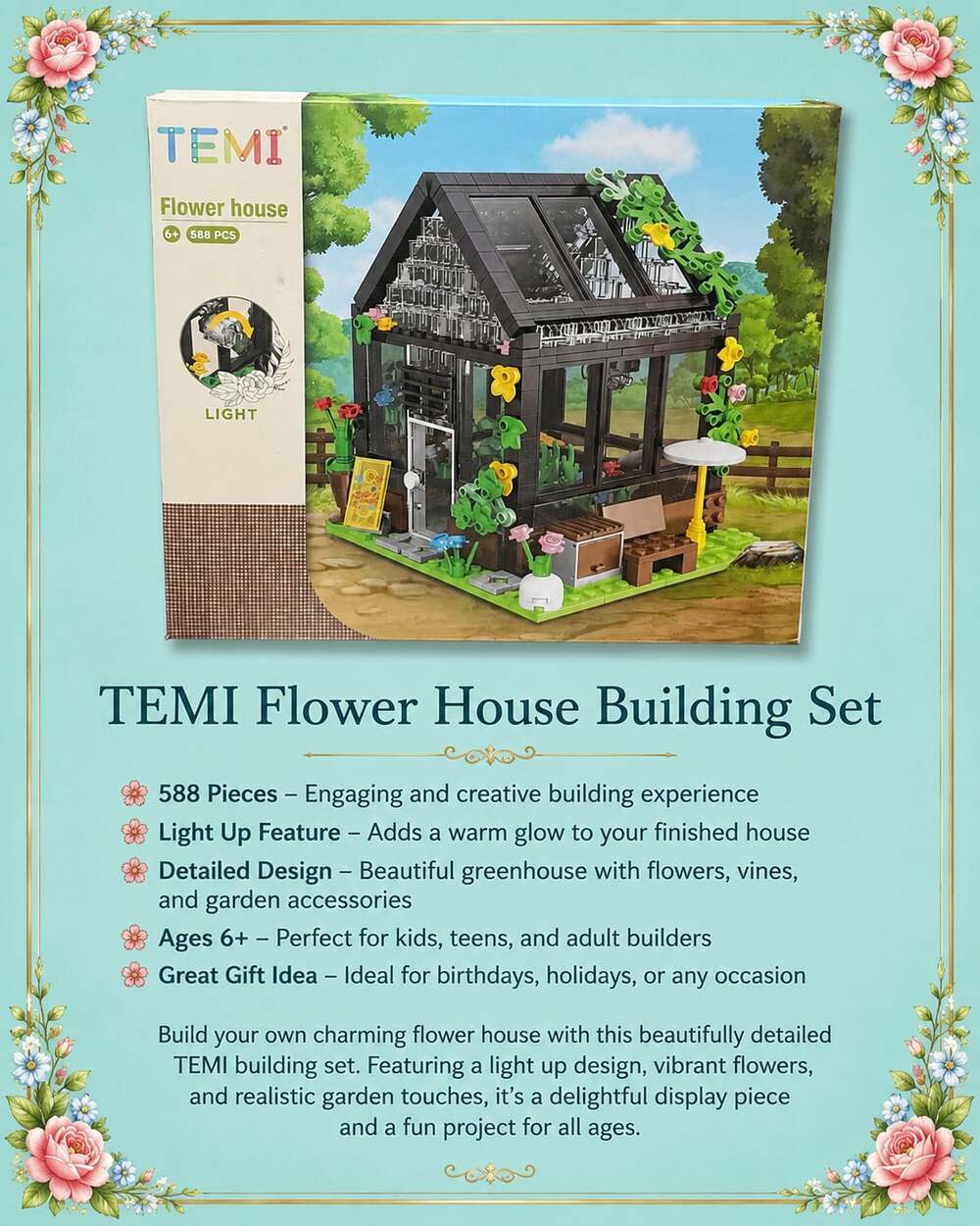 TEMI Flower House 588 Piece Building Set with LED Light